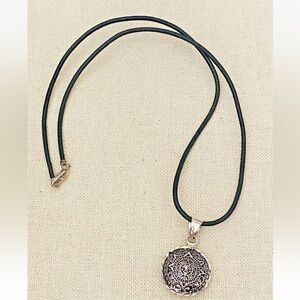 Vintage Mexico 925 Sterling Silver Aztec Calendar Necklace Pendant on Black Cord